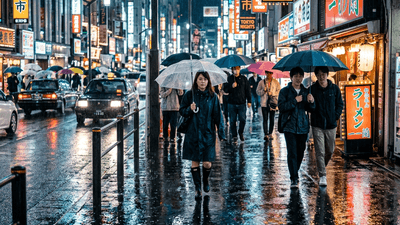 Candid street photography of people walking in a rain-reflected city
