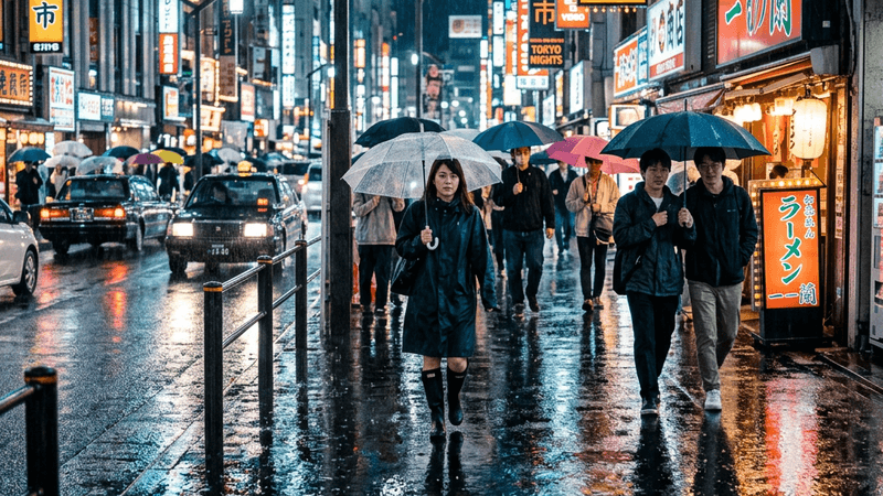 Candid street photography of people walking in a rain-reflected city